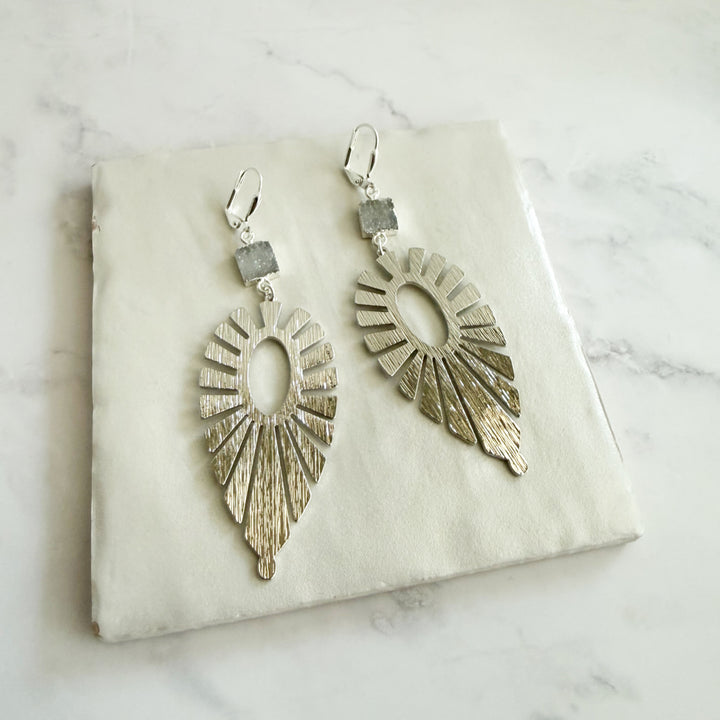 Gray Druzy Sunburst Statement Earrings in Brushed Gold