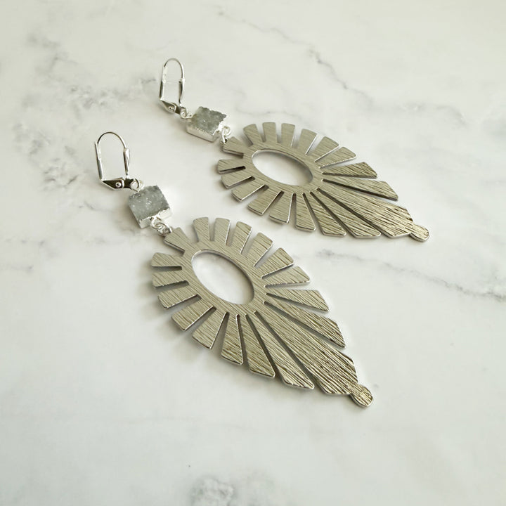 Gray Druzy Sunburst Statement Earrings in Brushed Gold