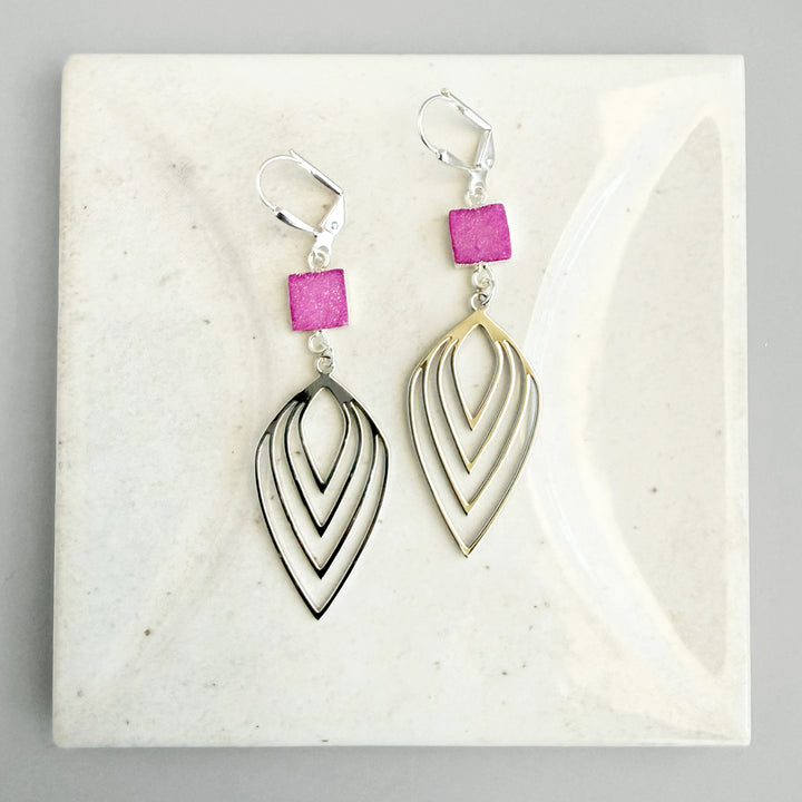 Pink Druzy Inverted Lotus Earrings in Silver