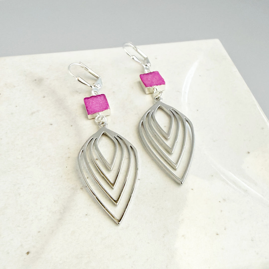 Pink Druzy Inverted Lotus Earrings in Silver