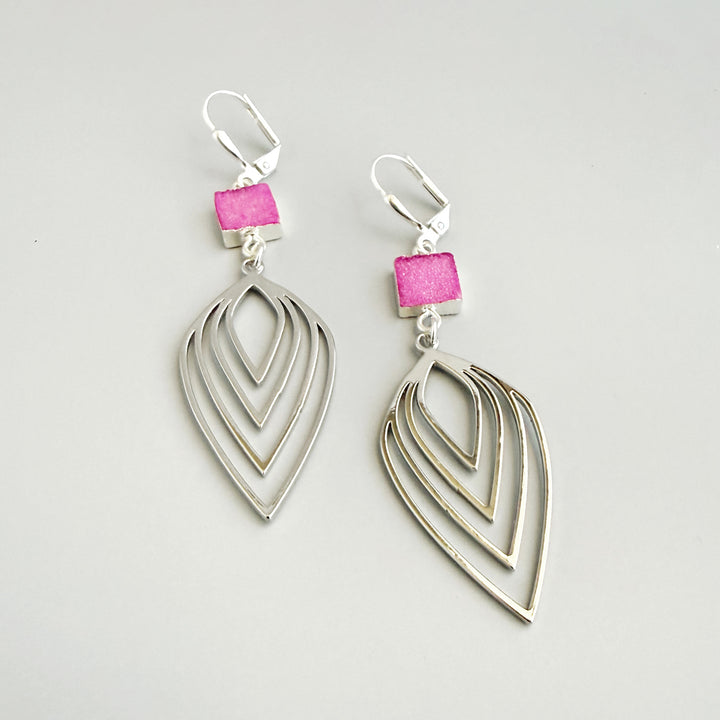 Pink Druzy Inverted Lotus Earrings in Silver