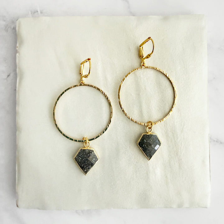 Pyrite Shield Hoop Earrings in Brushed Gold