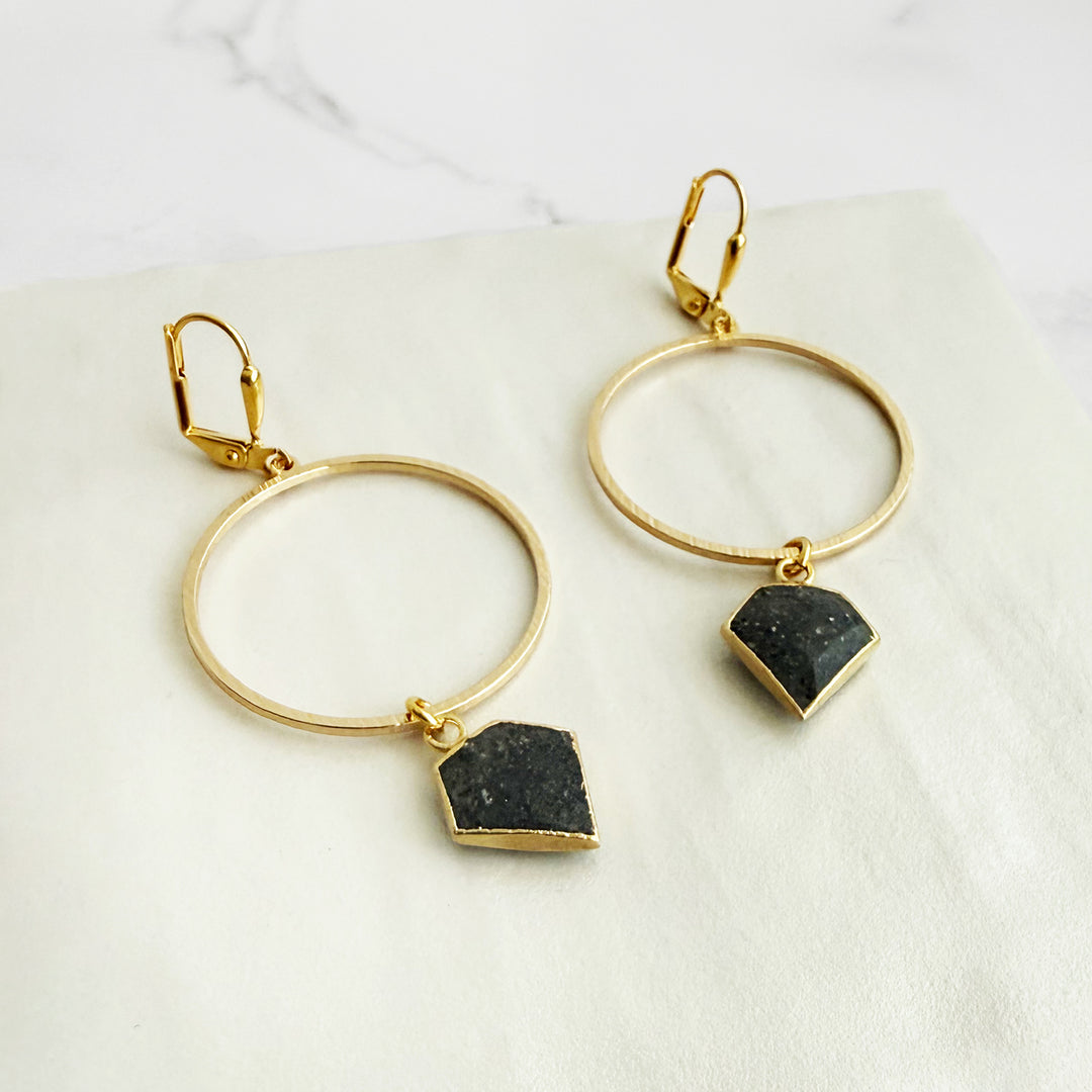 Pyrite Shield Hoop Earrings in Brushed Gold