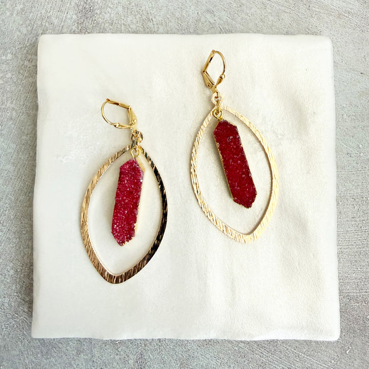 Red Druzy Marquise Statement Earrings in Brushed Gold