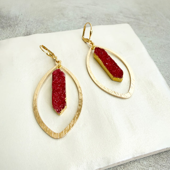 Red Druzy Marquise Statement Earrings in Brushed Gold