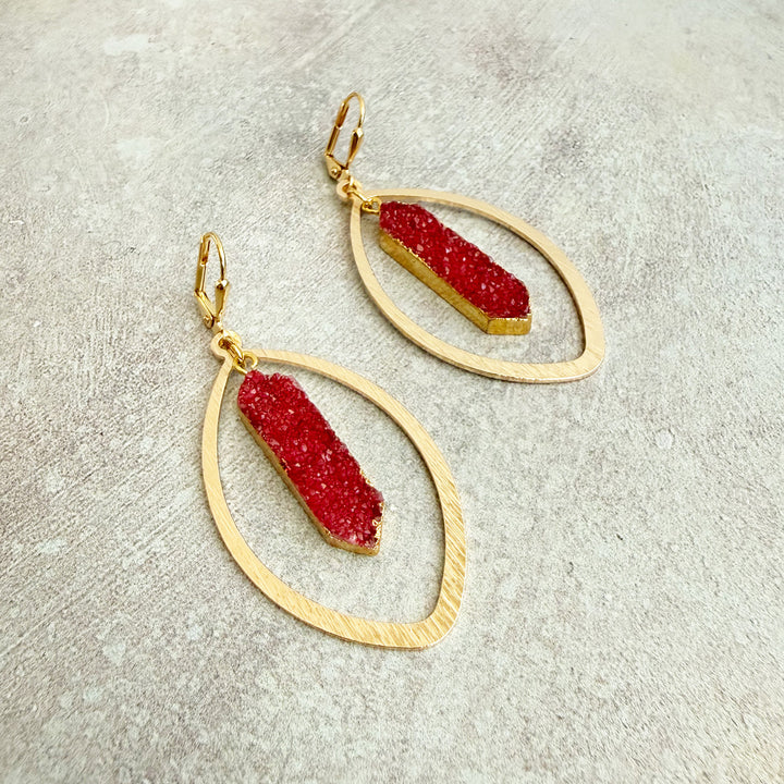Red Druzy Marquise Statement Earrings in Brushed Gold