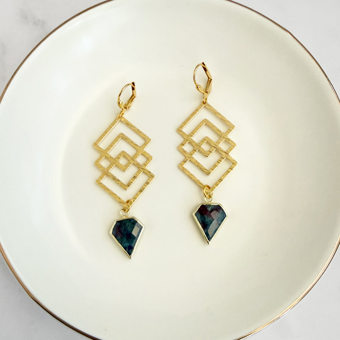 Ruby Zoisite Interlocking Square Earrings in Brushed Gold