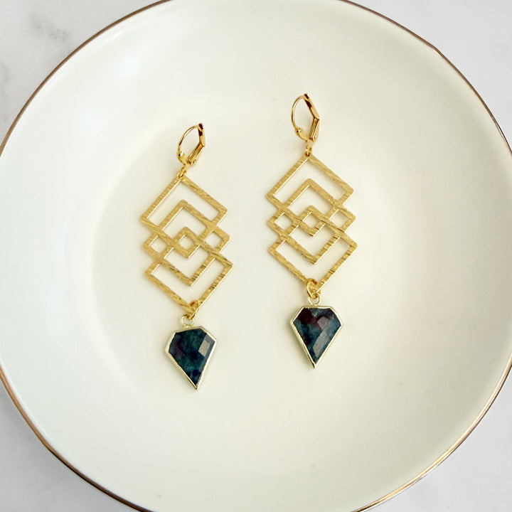 Ruby Zoisite Interlocking Square Earrings in Brushed Gold