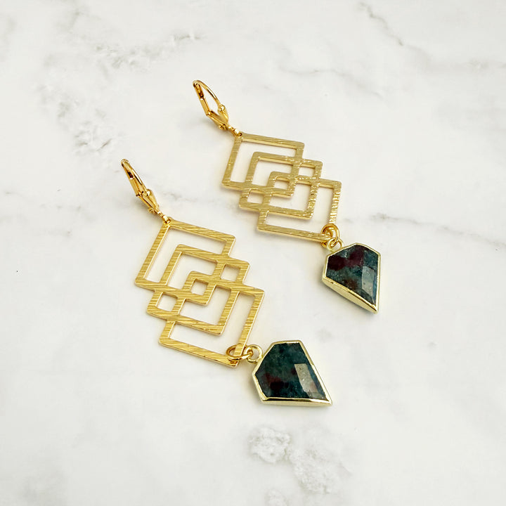 Ruby Zoisite Interlocking Square Earrings in Brushed Gold