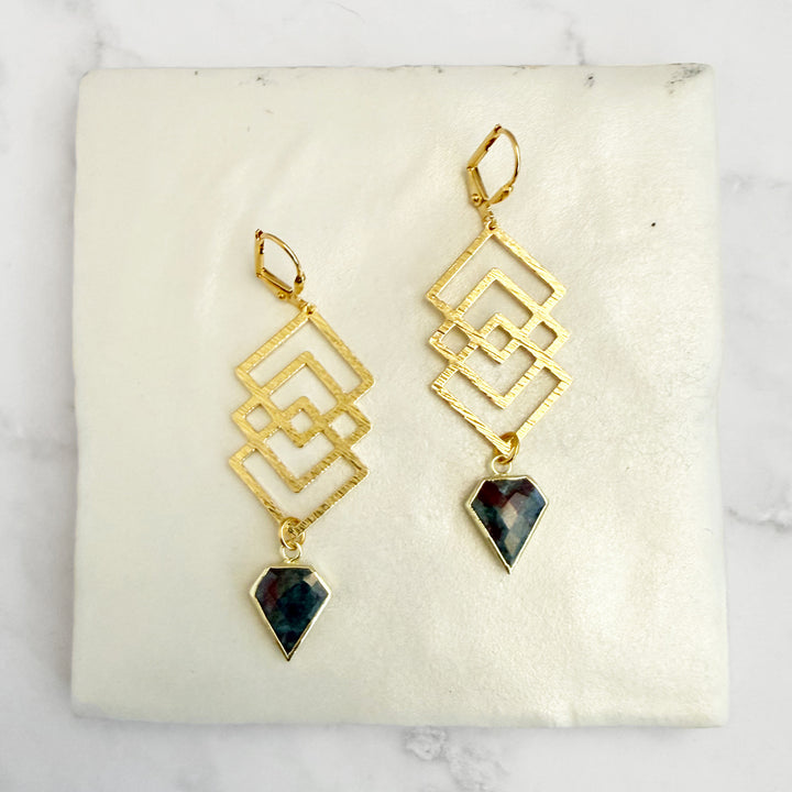 Ruby Zoisite Interlocking Square Earrings in Brushed Gold