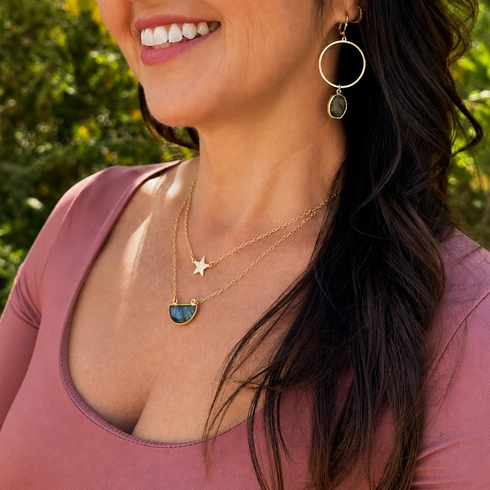 Small Labradorite Half Moon Crescent Necklace in Gold and Silver