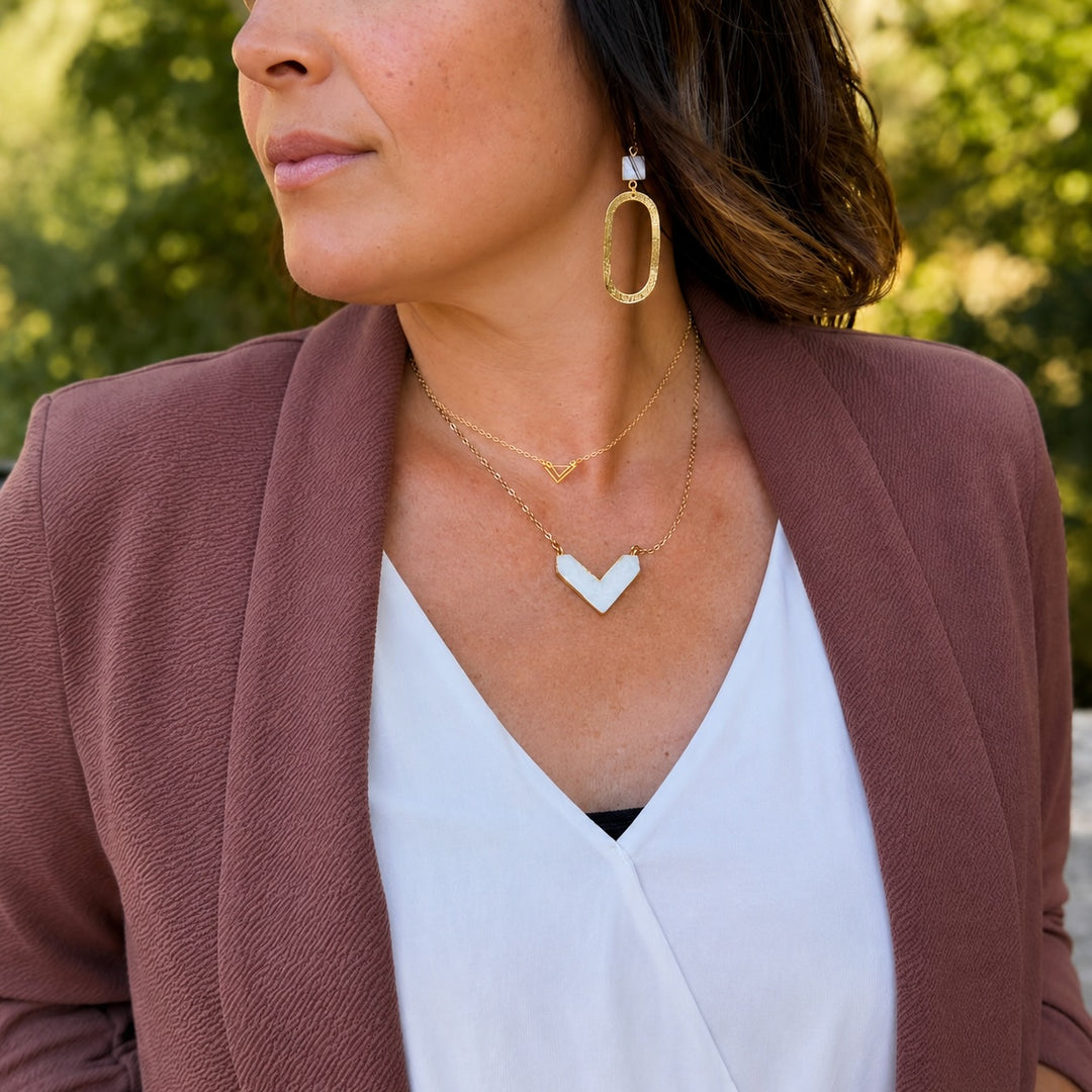Square White Druzy Open Oval Statement Earrings in Brushed Gold