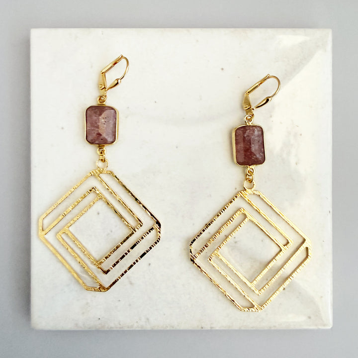 Strawberry Quartz Layered Square Earrings in Brushed Gold