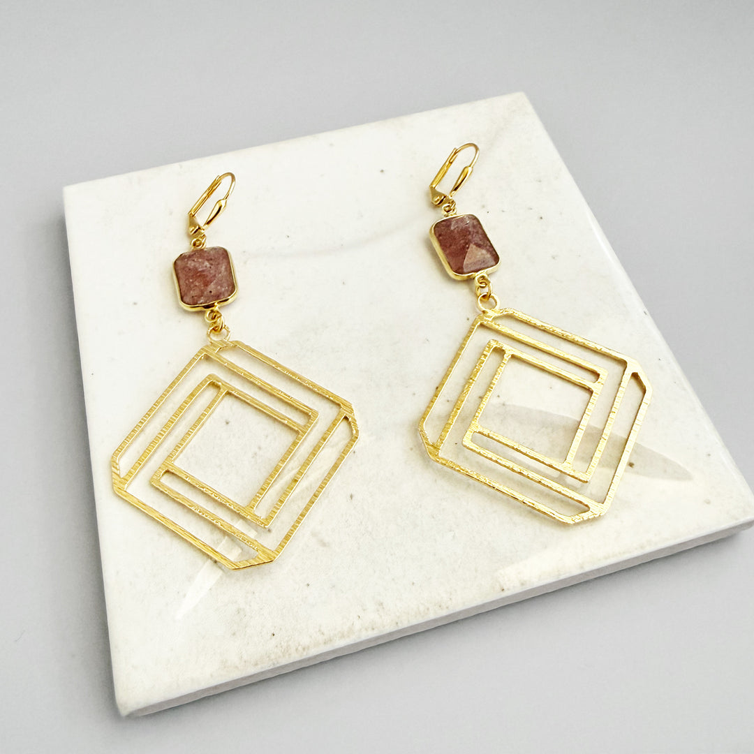 Strawberry Quartz Layered Square Earrings in Brushed Gold