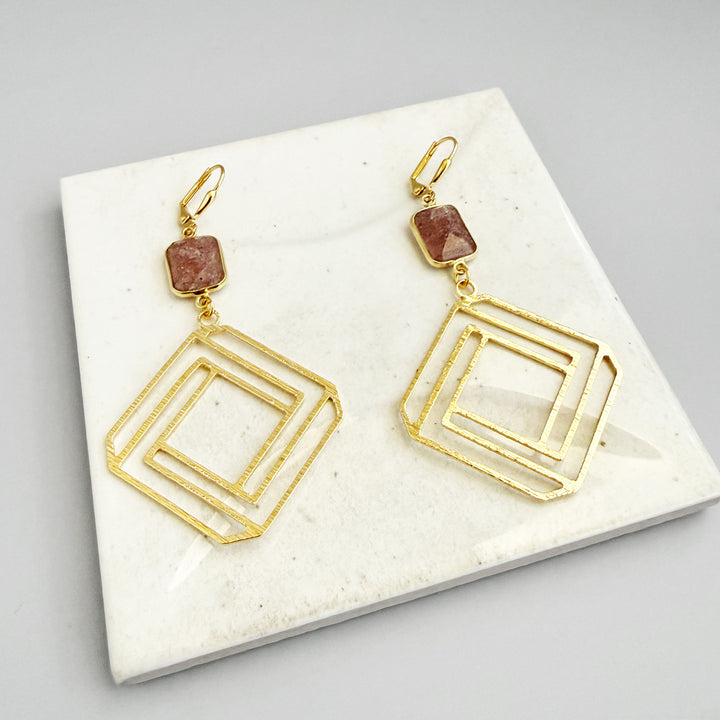 Strawberry Quartz Layered Square Earrings in Brushed Gold