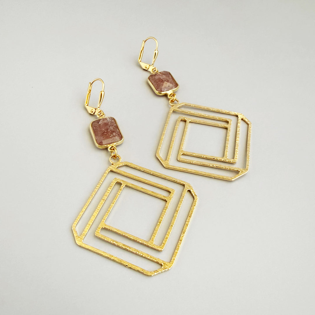 Strawberry Quartz Layered Square Earrings in Brushed Gold