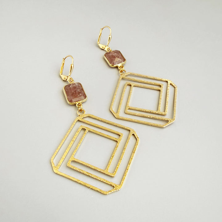 Strawberry Quartz Layered Square Earrings in Brushed Gold