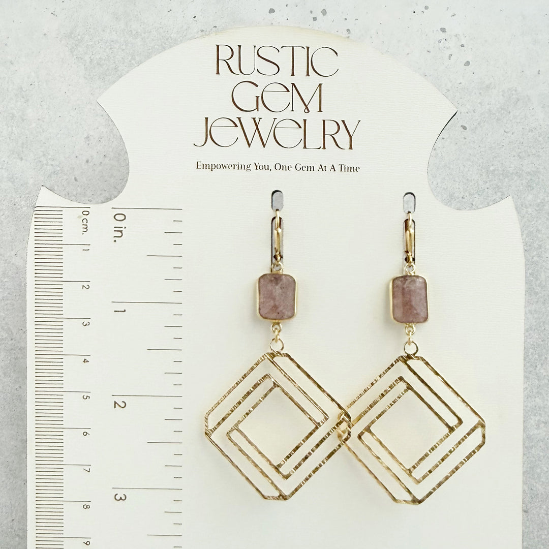 Strawberry Quartz Layered Square Earrings in Brushed Gold