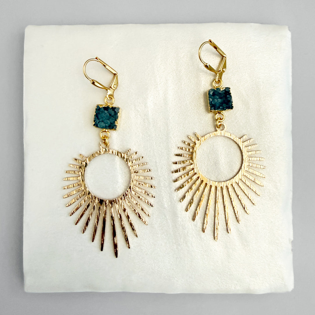 Teal Druzy Sunburst Statement Earrings in Brushed Gold