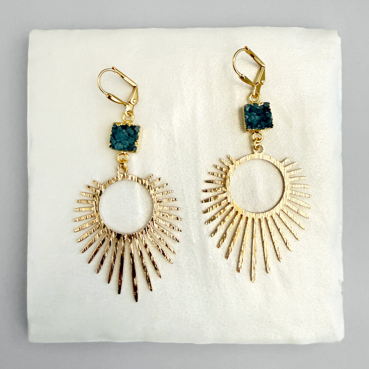 Teal Druzy Sunburst Statement Earrings in Brushed Gold