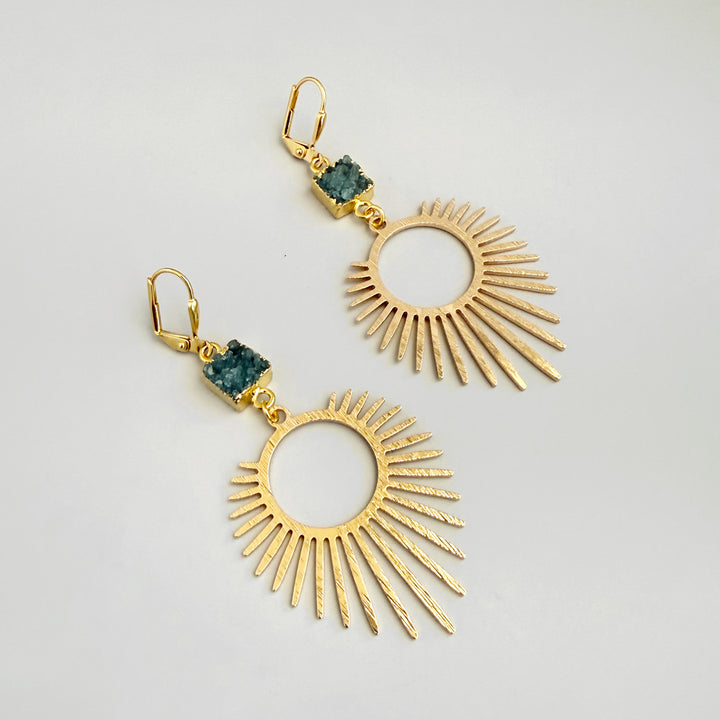 Teal Druzy Sunburst Statement Earrings in Brushed Gold