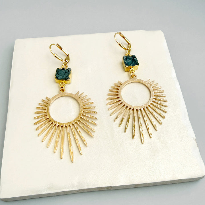 Teal Druzy Sunburst Statement Earrings in Brushed Gold