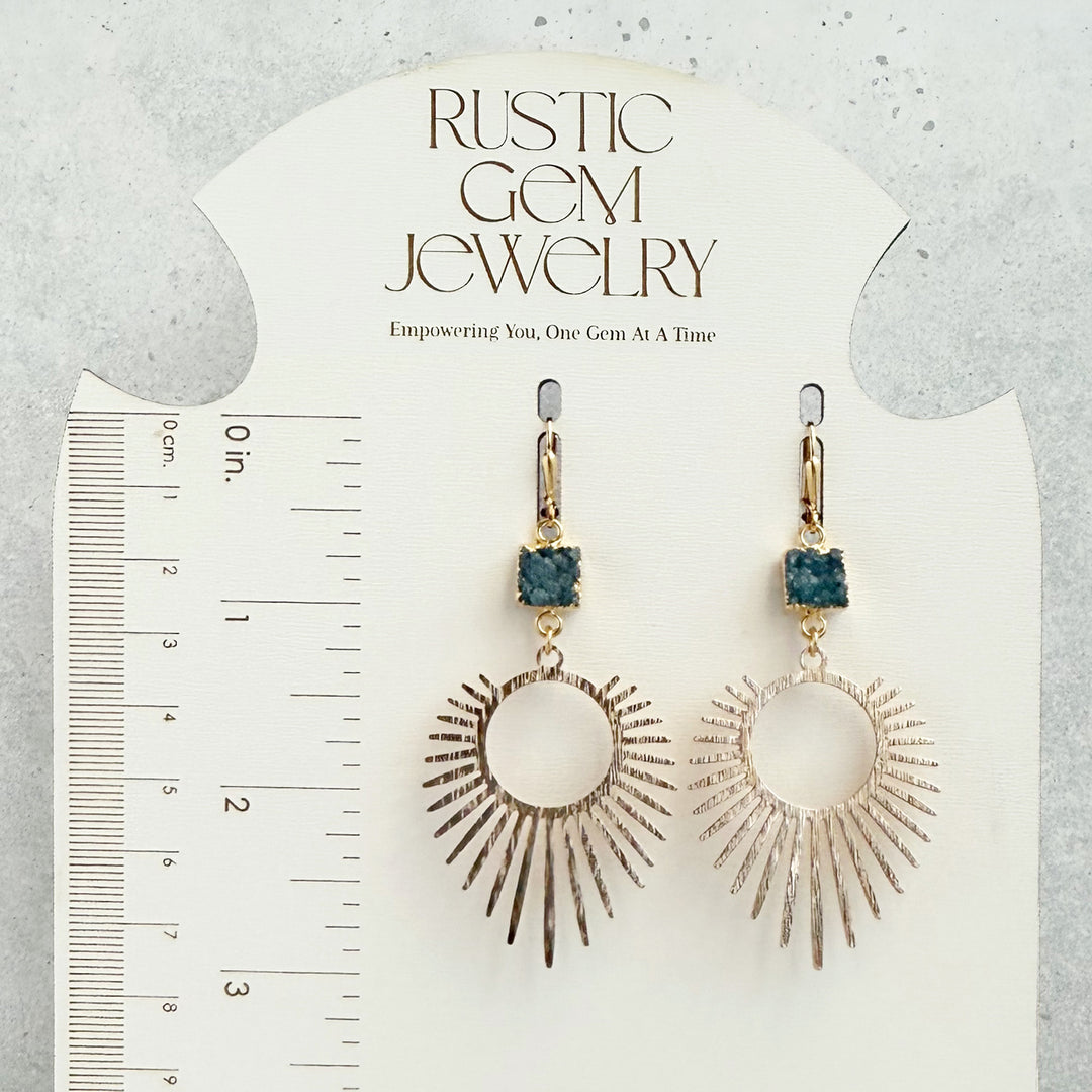 Teal Druzy Sunburst Statement Earrings in Brushed Gold