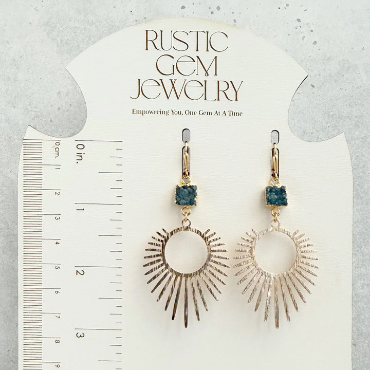 Teal Druzy Sunburst Statement Earrings in Brushed Gold