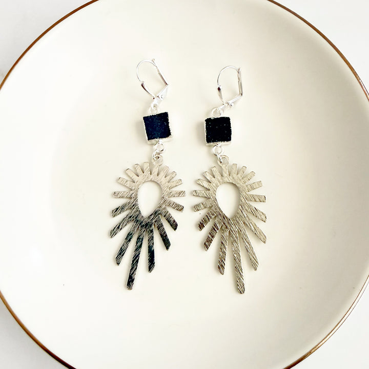 Teal Druzy Sunburst Statement Earrings in Brushed Silver