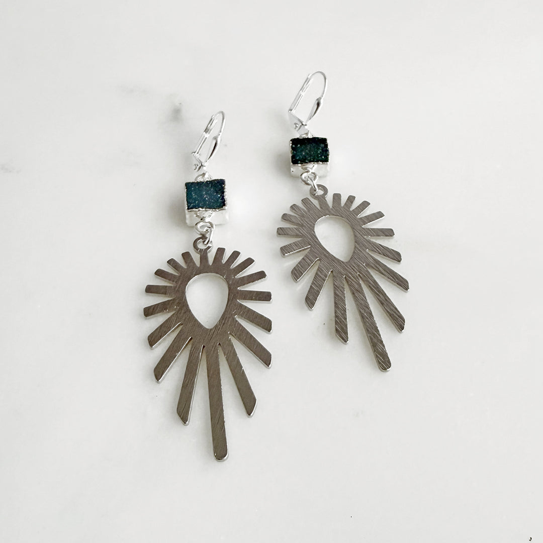 Teal Druzy Sunburst Statement Earrings in Brushed Silver