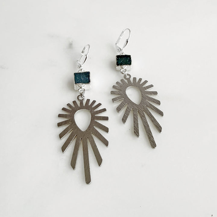 Teal Druzy Sunburst Statement Earrings in Brushed Silver