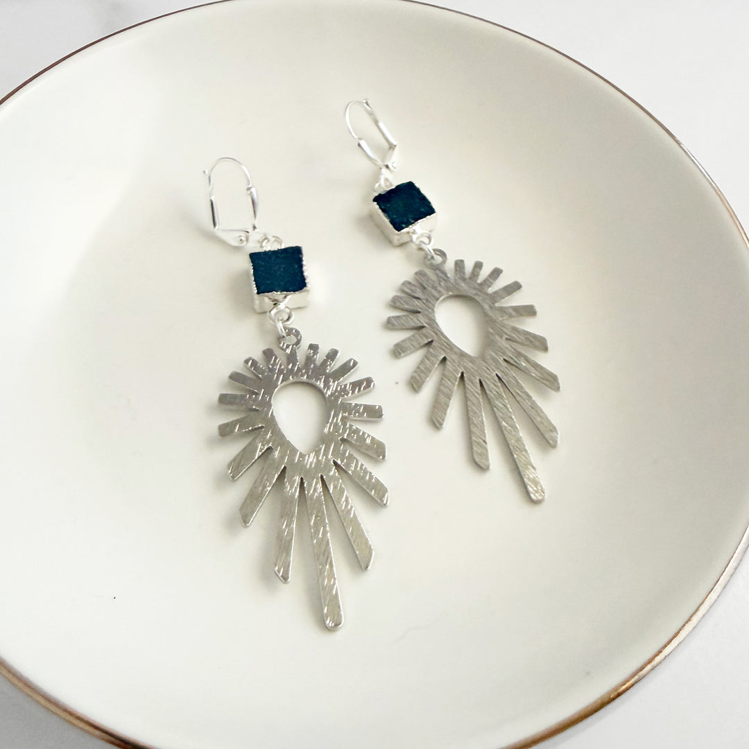 Teal Druzy Sunburst Statement Earrings in Brushed Silver