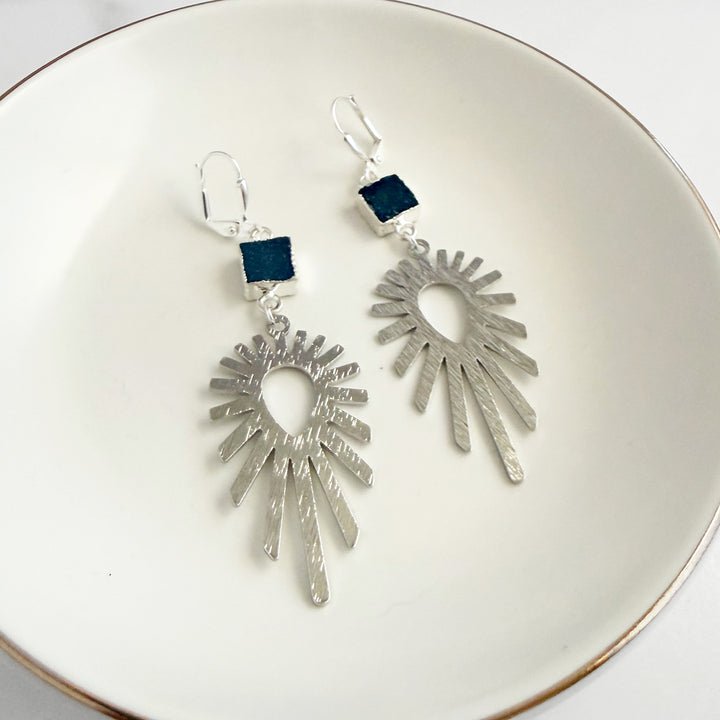 Teal Druzy Sunburst Statement Earrings in Brushed Silver