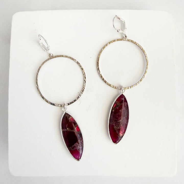 Burgundy Mojave Hoop Dangle Earrings in Brushed Silver