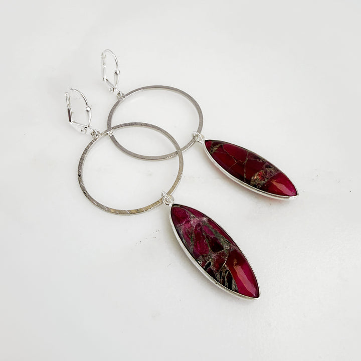 Burgundy Mojave Hoop Dangle Earrings in Brushed Silver