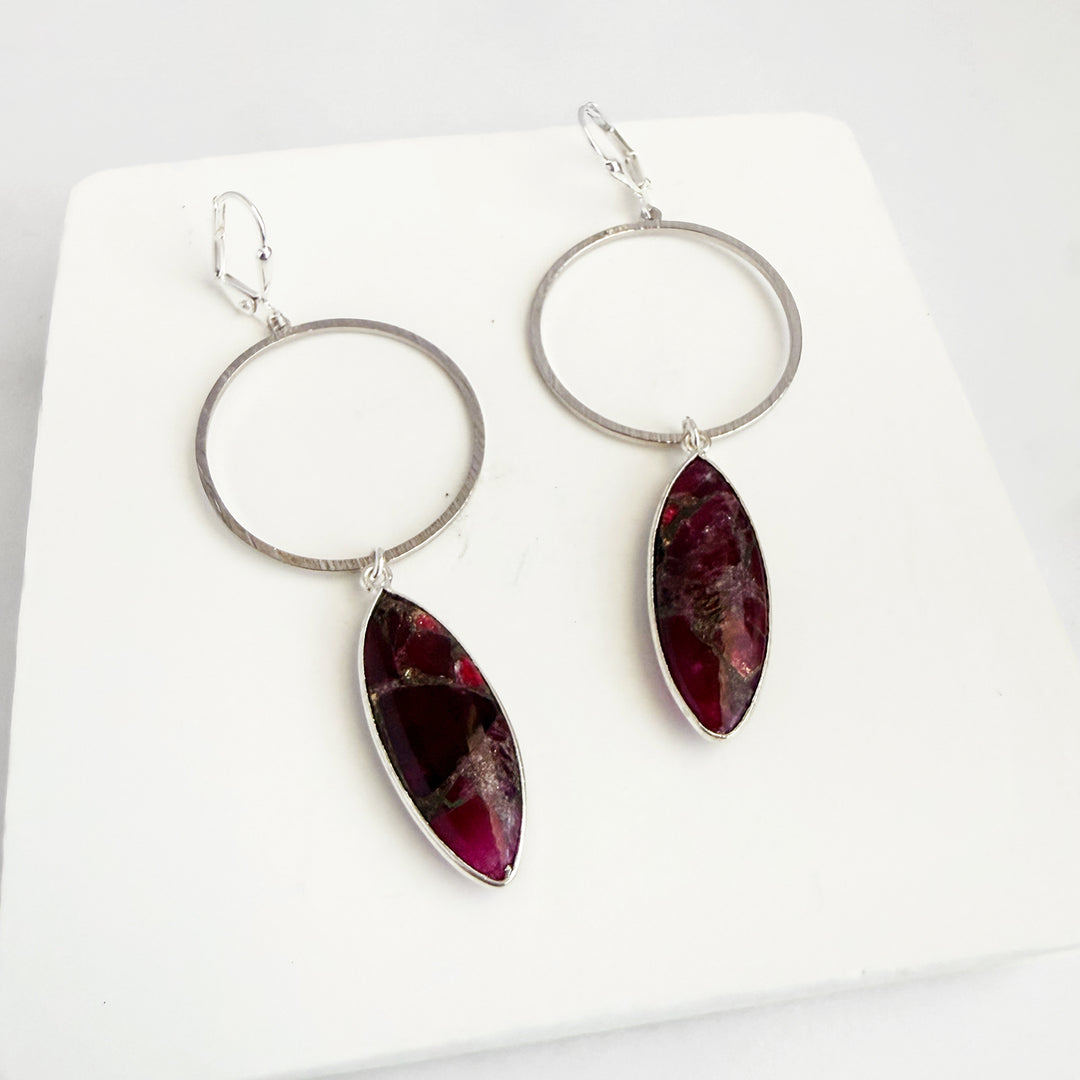 Burgundy Mojave Hoop Dangle Earrings in Brushed Silver