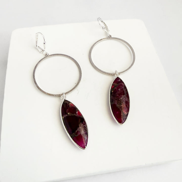 Burgundy Mojave Hoop Dangle Earrings in Brushed Silver