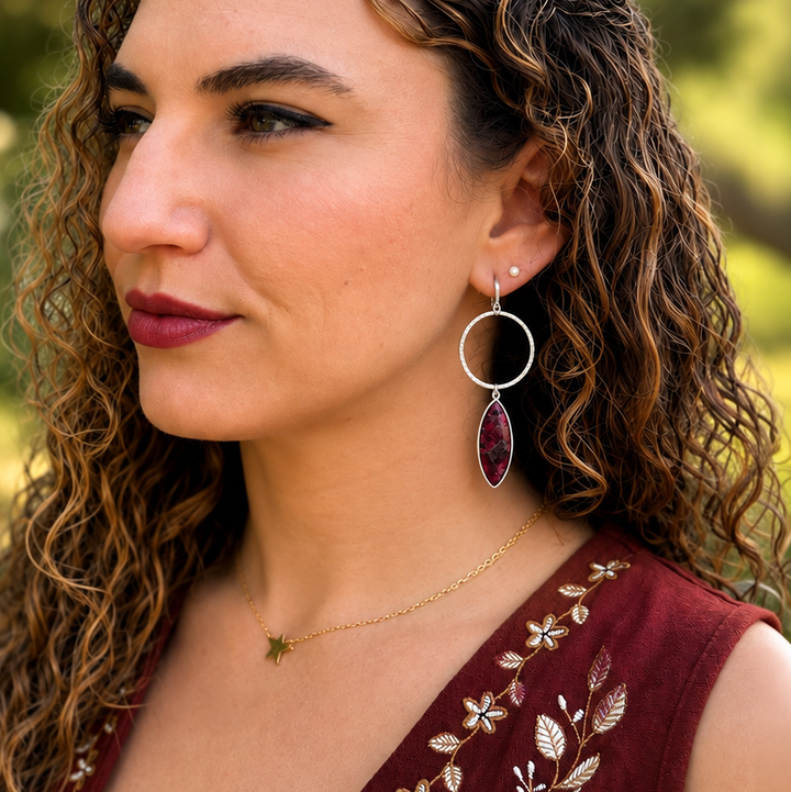 Burgundy Mojave Hoop Dangle Earrings in Brushed Silver