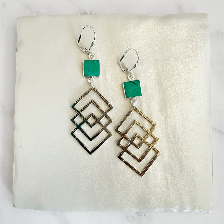 Tibetan Turquoise Interlocking Square Statement Earrings