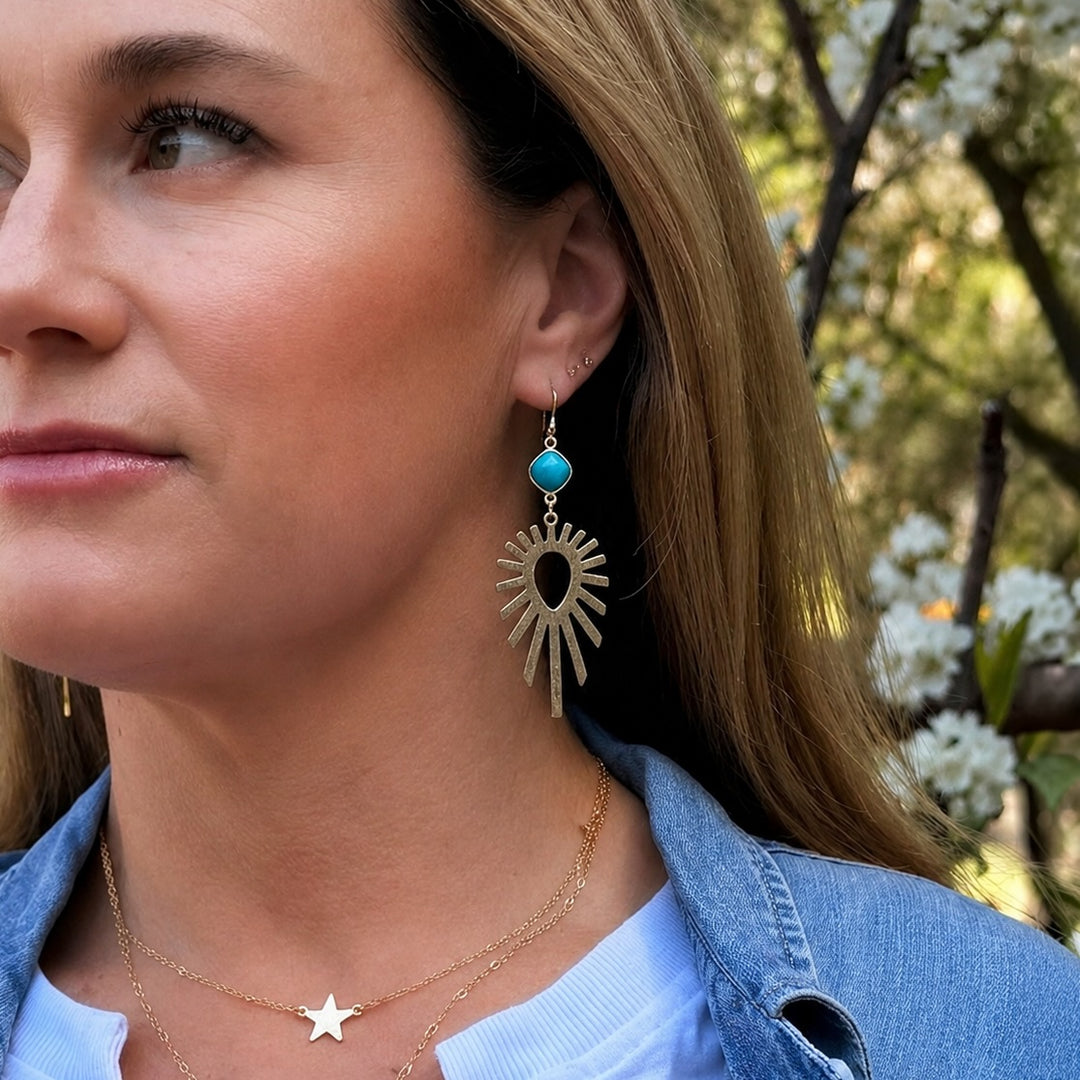 Turquoise Sunburst Statement Earrings in Brushed Silver