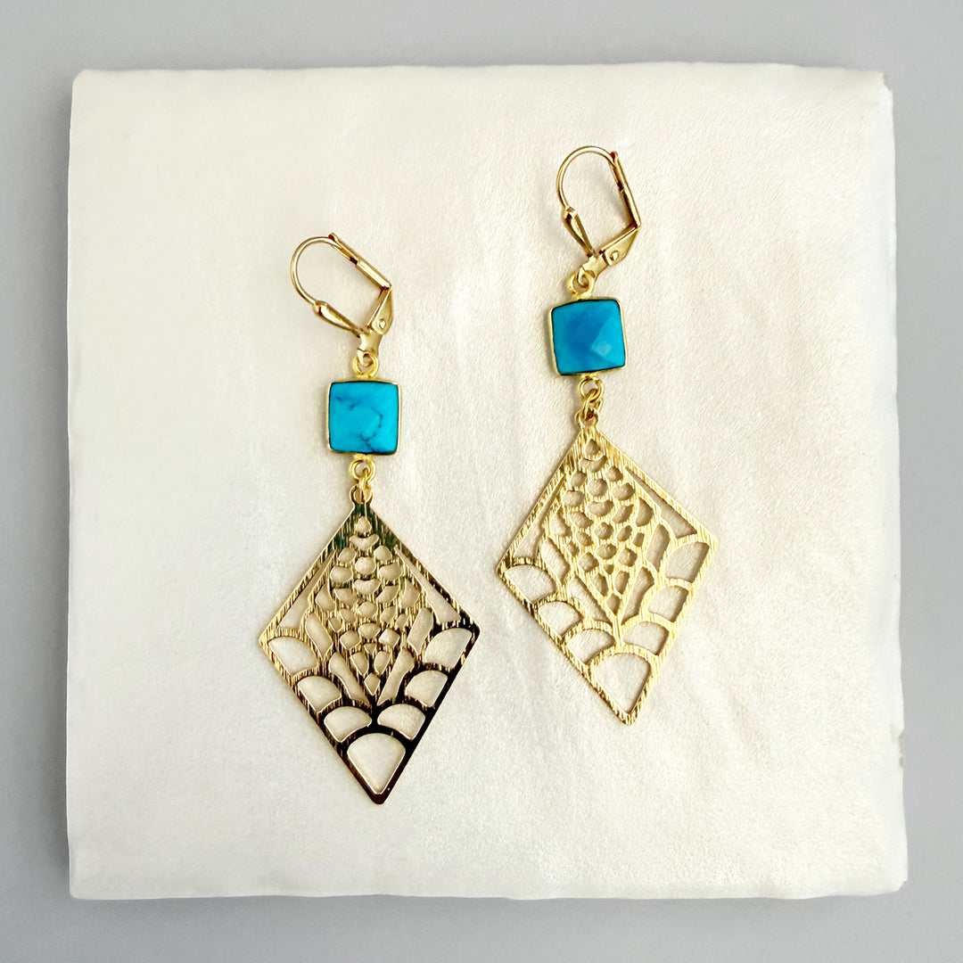 Turquoise Webbed Diamond Earrings in Brushed Gold