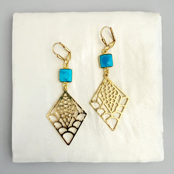 Turquoise Webbed Diamond Earrings in Brushed Gold