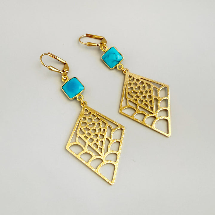 Turquoise Webbed Diamond Earrings in Brushed Gold