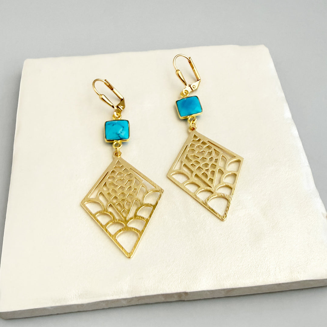 Turquoise Webbed Diamond Earrings in Brushed Gold