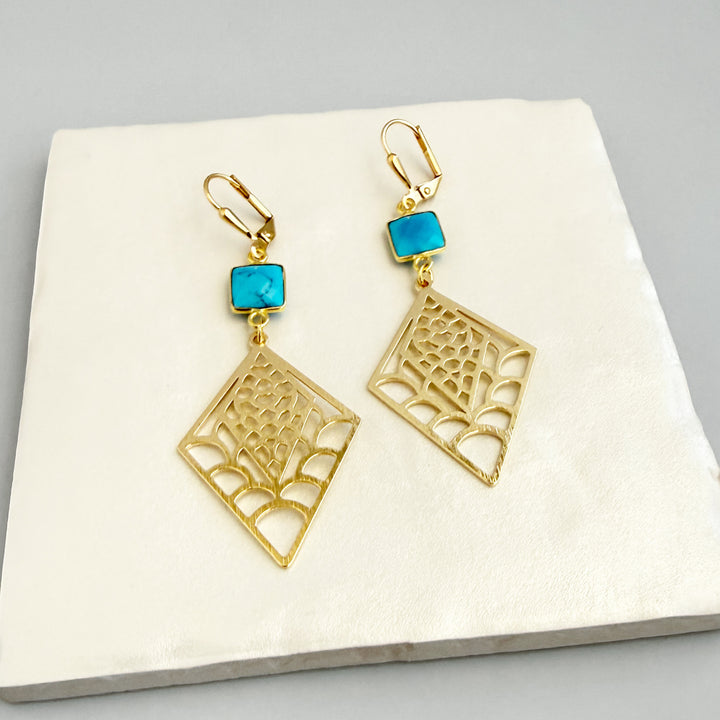 Turquoise Webbed Diamond Earrings in Brushed Gold
