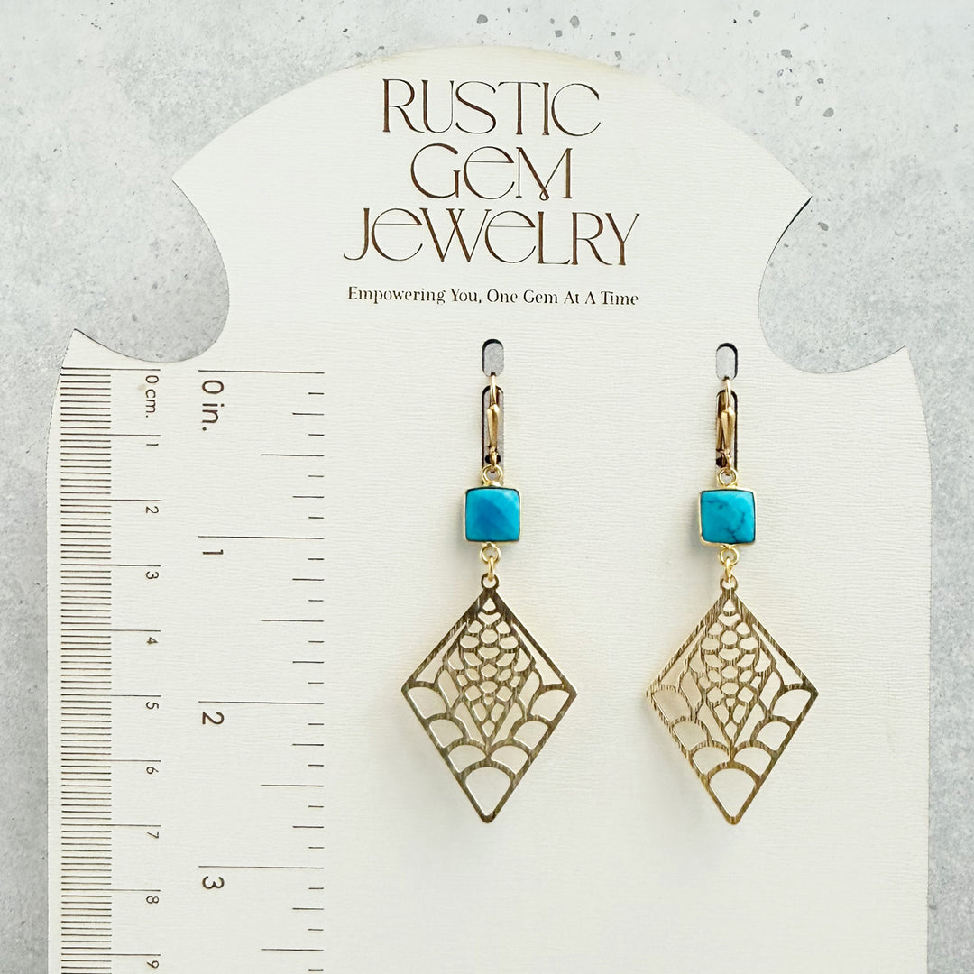 Turquoise Webbed Diamond Earrings in Brushed Gold