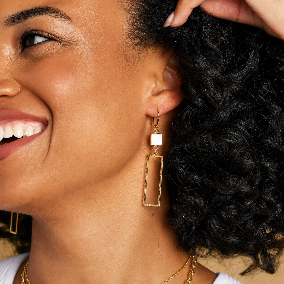White Agate Open Rectangle Earrings in Brushed Brass Gold