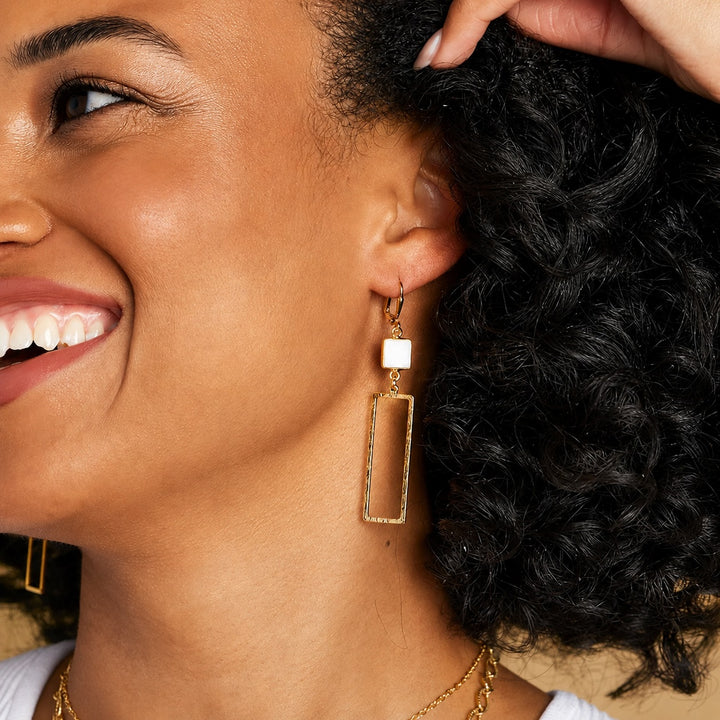 White Agate Open Rectangle Earrings in Brushed Brass Gold
