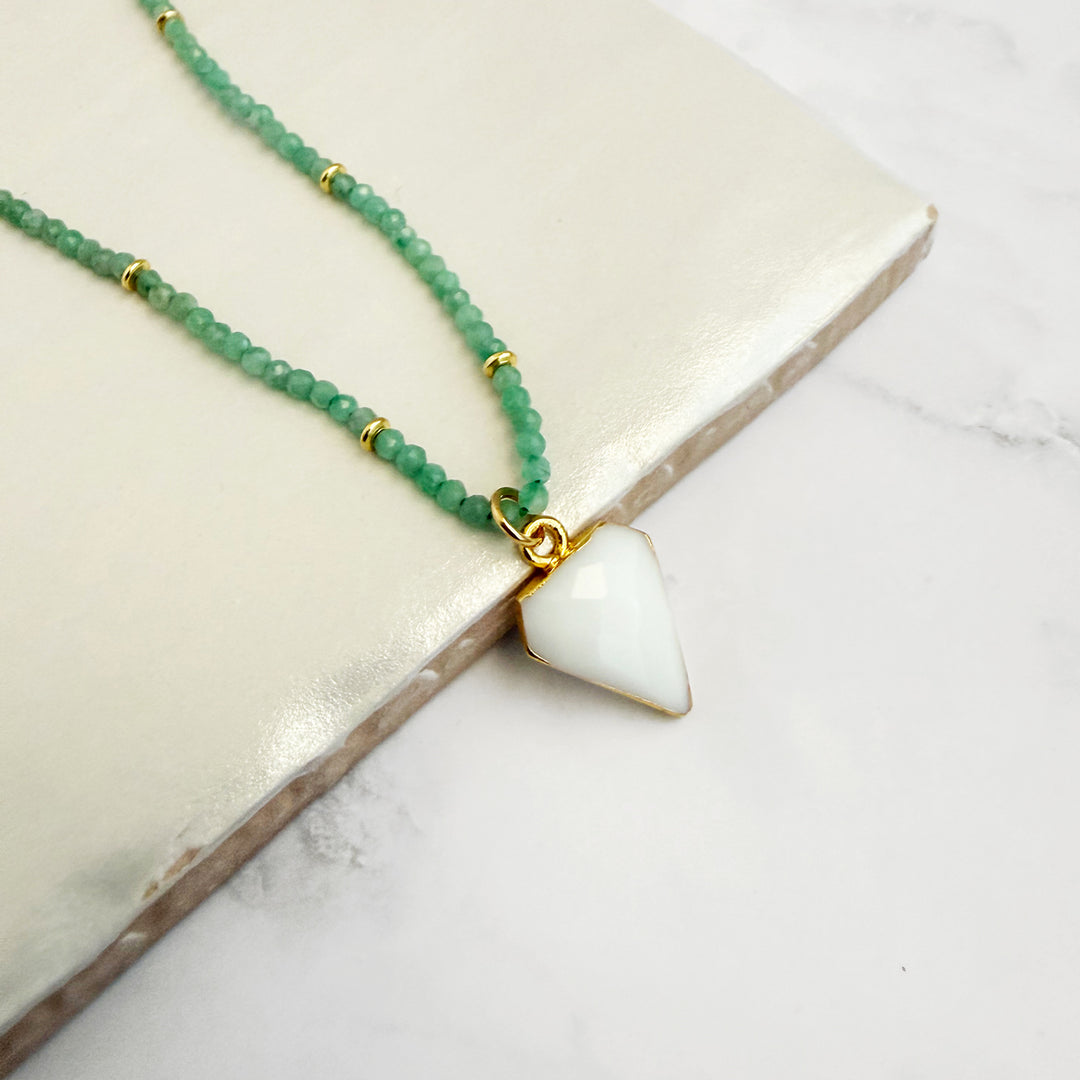 White Agate Shield and Emerald Beaded Necklace