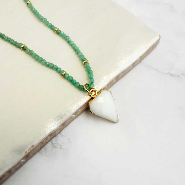 White Agate Shield and Emerald Beaded Necklace